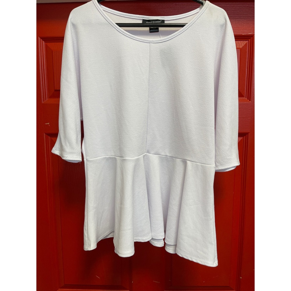 Ashley Stewart White Textured Peplum Top Elbow Sleeve Plus Size 14/16 Blouse